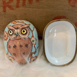 Vintage Enamel OWL With Flowers Trinket Box Pill Box